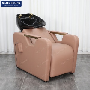 Bac à shampoing ergonomique moderne en céramique avec lit de lavage, dossier vibrant, accoudoirs dorés et éclairage pour station de beauté et spa - Product Image 1