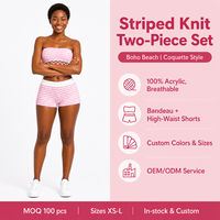 Ensemble de tricots pour femmes avec logo personnalisé, maille à bords ondulés, sans manches, sans bretelles, rayé rose, été, acrylique, usine OEM & ODM