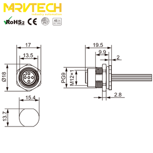 Automobielconnector voor M12, type 3/4/5-polig, IEC achterpaneelmontage, IP67, 4A, 250V, met kabel - Product Image 6