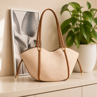 Bolso Tote de Lona Color Crema Cognac con Detalles en Cuero PU, de Lujo, con Borde Ondulado, Moderno, Elegante, Chic para Uso Diario, Personalizable OEM