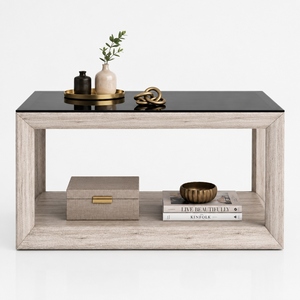 Table basse rectangulaire moderne en verre noir avec finition imitation bois et étagère de rangement ouverte - Product Image 2