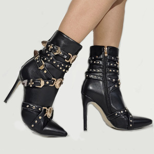 Women Stiletto Thin Heels Short <b>Boots</b> Big Size 47 Metal Decor Buckles Shoes Wide Fit Cross Belt Straps Booties - Product Image 6