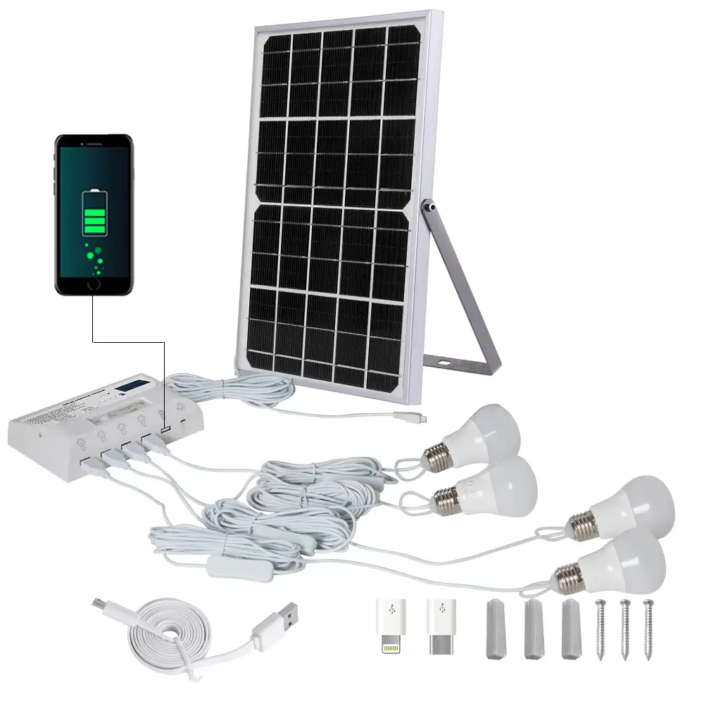 12W Solar panel 4 led-lampen Tragbare Solar power beleuchtung system kit für home mit handy lade mit halterung