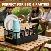 Grand Organisateur Portable en Maille Métallique Premium et Durable pour Ustensiles de Cuisine, Barbecue, Pique-nique, Couverts, Assiettes et Serviettes, avec Poignée en Bois
