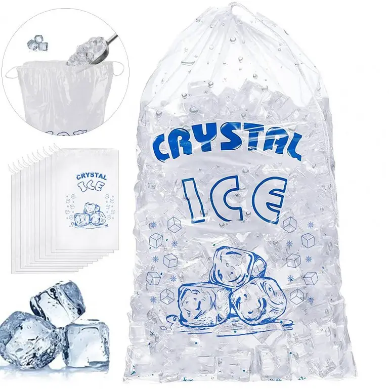 BPA ücretsiz gıda sınıfı güvenli 10 lbs buz torbaları ambalaj buz küpleri için ağır baskılı İpli buz torbaları
