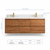 Meuble-lavabo mural double vasque avec plan en pierre frittée, vasque en céramique, armoire en placage de bois, luxe moderne