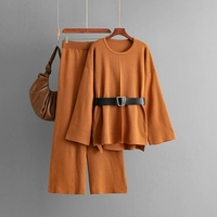 Ensemble deux pièces pour femmes, haut en tricot ceinturé et pantalon large à taille haute, mode automne-hiver