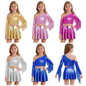 Conjunto de Top Corto y Falda Larga Metálica Brillante para Niñas de 6 a 16 Años, Disfraz para Actuaciones de Jazz, Espectáculos y Competencias - Product Image 1