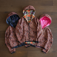 Veste coupe-vent réversible en nylon à capuche imprimé léopard et à carreaux pour homme, style streetwear et extérieur, personnalisable OEM, vente en gros