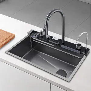 304 edelstahl wasserfall küche spüle mit whale wasserhahn smart multifunktional handgefertigte spüle küche LED digitale anzeige
