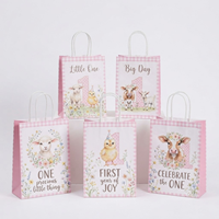 Tas Hadiah Ulang Tahun Pertama dengan Logo Custom KM, Hewan Ternak Domba Anak Ayam Anak Sapi, Motif Gingham Pink, Tas Souvenir Ulang Tahun Pertama yang Manis