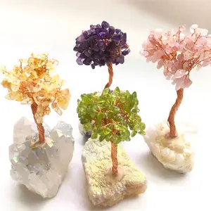 Natural Crystal Gemstone Chips Tree Healing Stones Lucky Cat Cluster Rose Quartz Chip Money Tree