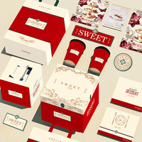 Ensemble d'emballages de boulangerie de luxe personnalisés rouge et blanc, boîte à gâteau vintage à impression dorée, tasse à café, sac cadeau en papier à emporter avec poignée