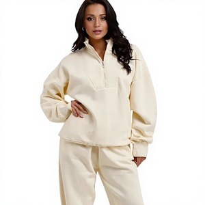 Women's Cream <b>Half</b> <b>Zip</b> Pullover <b>Sweatshirt</b> and Wide Leg Pants Tracksuit Set - Product Image 1