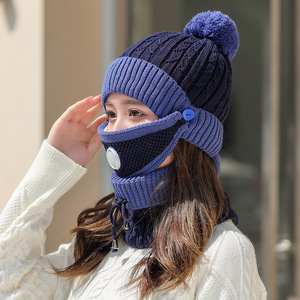 Winter Knitted Hat <b>Scarf</b> Set Red Gray <b>Wool</b> Warm Three Piece Adult Fashion - Product Image 2