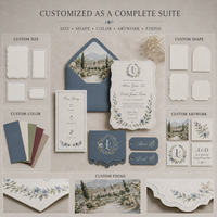 Suite d'invitations de mariage Manoir Européen, Kit de papeterie festonné personnalisé, Doublure d'enveloppe, Monogramme, Notre histoire, Étiquette cadeau, Cartes de mariage