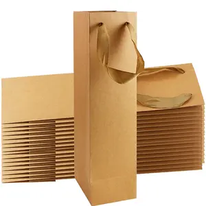 Wholesale Customizable Luxury Brown Festival Shopping Gift Craft Packaging Kraft Paper Wine Bottle Bag with Ribbon Handle