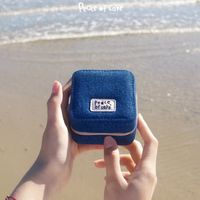 Porte-monnaie carré vintage compact avec fermeture éclair, en tissu denim bleu texturé, boîte à bijoux avec patch en cuir PU blanc