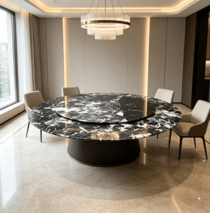 โต๊ะอาหารหินธรรมชาติสีดำขาวทรงกลม พร้อมถาดหมุนแบบ Lazy Susan โต๊ะอาหารวิลล่าหรูหราทันสมัย 8 ที่นั่ง เฟอร์นิเจอร์บ้าน - Product Image 5