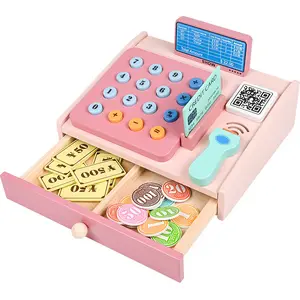 2024 Wholesale Children Wooden Pink Cash Register Toys Supermarket Salesman Play Game Educational Pretend Toys For Kids