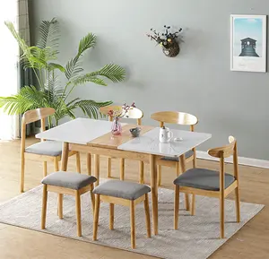 Yüksek kaliteli geri çekilebilir yemek odası mobilyası yemek masası seti oturma odası takımı ahşap mermer genişletilmiş yemek masası