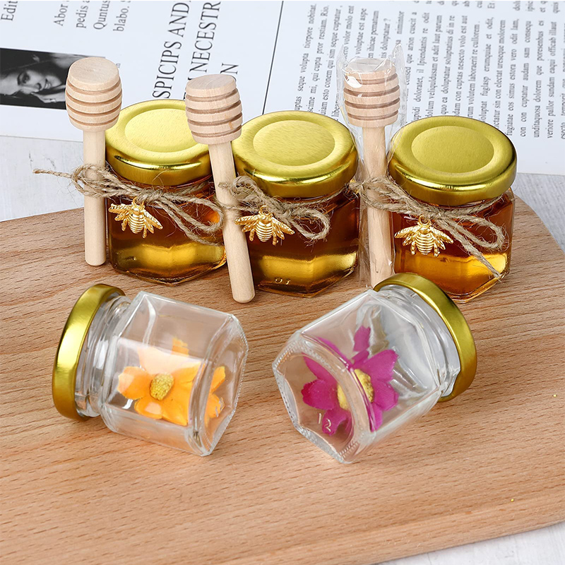 Wholesale Kitchen Mini 40ml Hexagonal Seal Transparent Glass Honey Jams Jars Set with Lid Wood Dipper Label for Candy Spice