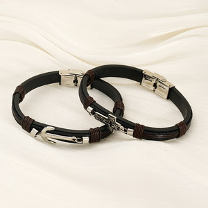 Cross Stainless Steel Leather Bracelet Men Double Layer Rope Jewelry Gift - Product Image 1
