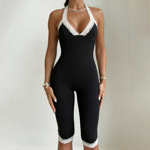 Mono de verano para mujer con cuello halter, espalda descubierta, encaje, patchwork y bloques de color, estilo urbano, venta al por mayor - Product Image 2