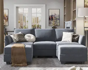 蓝色灰色模块化组合沙发沙发客厅可逆躺椅，带奥斯曼U形3座沙发沙发