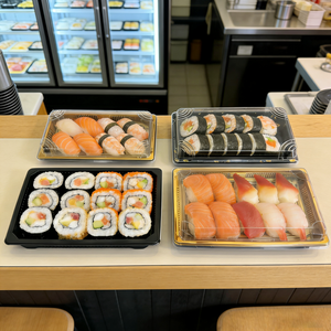 Contenedor de Sushi Personalizado, Bandeja de Plástico PET de Grado Alimenticio para Catering, Envase para Llevar de <span class=keywords><strong>Restaurante</strong></span> Asiático, Contenedor de Sushi con Tapa - Product Image 5