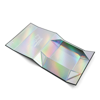 Boîte cadeau magnétique pliable noire pour perruque, intérieur holographique irisé, emballage de luxe pour extensions de cheveux avec logo personnalisé