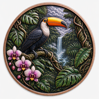 Pièces de monnaie en cuivre 5 oz .999 Cuivre Pur, Motif Toucan Monstera Orchidée Cascade Jungle, Impression UV Colorée, Cadeau