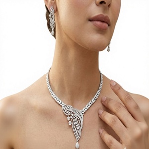 Conjunto de Collar y Pendientes Clásicos de Latón Plateado con Circonitas, Diseño de Planta, Regalo de Boda, Joyería de Fiesta, Conjuntos de Joyería de Moda para Mujer - Product Image 2