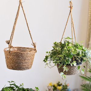 Cesta colgante tejida a mano, redonda, de ratán natural, maceta para decoración de plantas verdes en interiores y exteriores. - Product Image 3