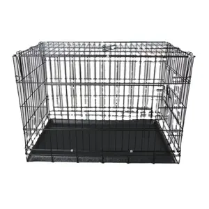 Cage pliante et portable pour chiens, métal noir, poignée en plastique noir, Cage pliante pour chiens, chenils métalliques, Double porte