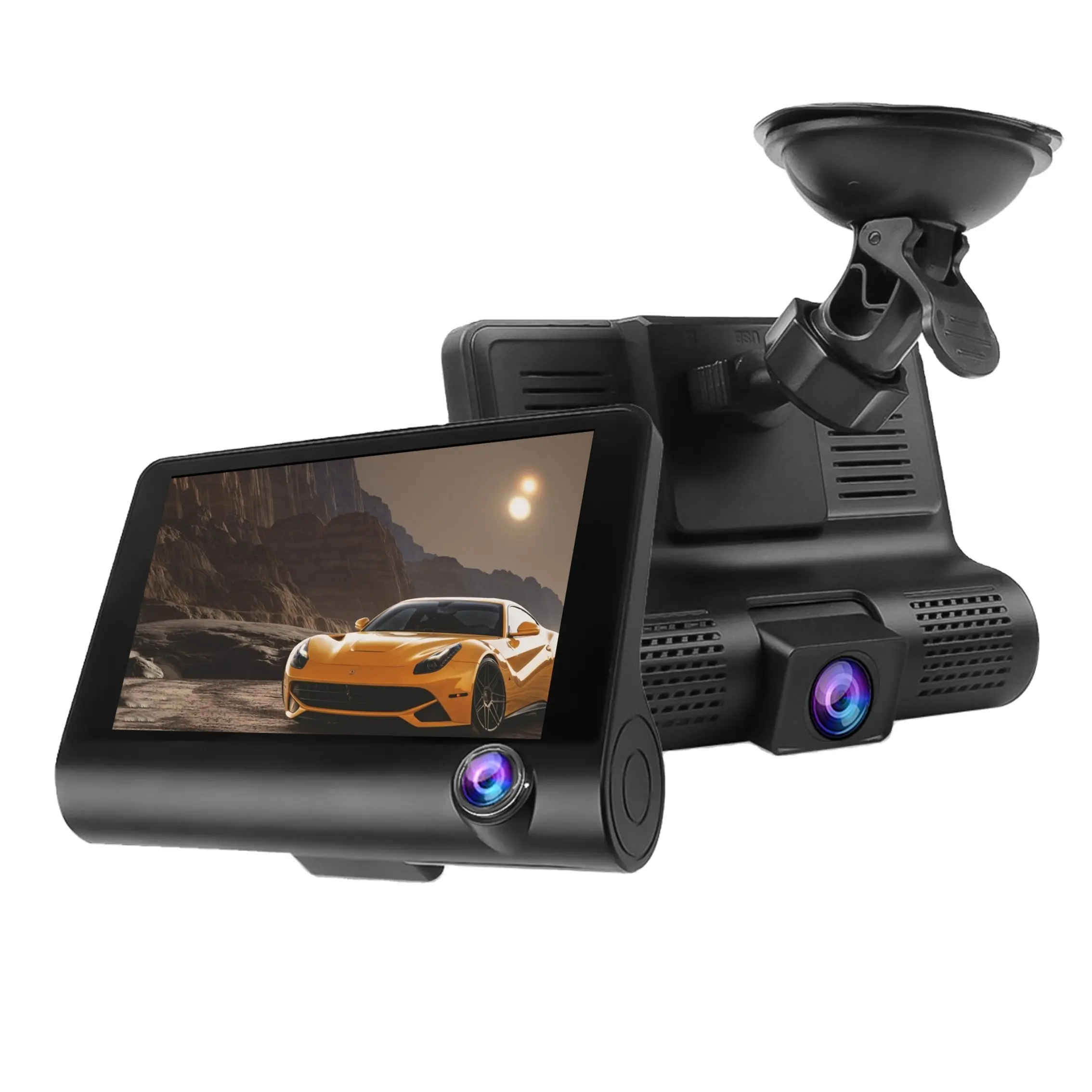 Kamera dasbor 4 inci lensa ganda, kamera dasbor depan dan belakang 1080P Full Car Dvr 3 Rekam perekam mobil