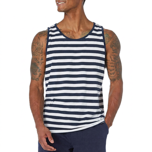 Men's Striped Sleeveless <b>Tank</b> <b>Top</b> O-Neck Knitted Casual Wear Navy <b>White</b> - Product Image 1