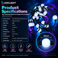 Chaîne de lumière à billes RGB 50 mm, DC24V GS8206 IP67 SMD3535, lumière adressable à 360 degrés pour écrans de rideaux de pixels extérieurs