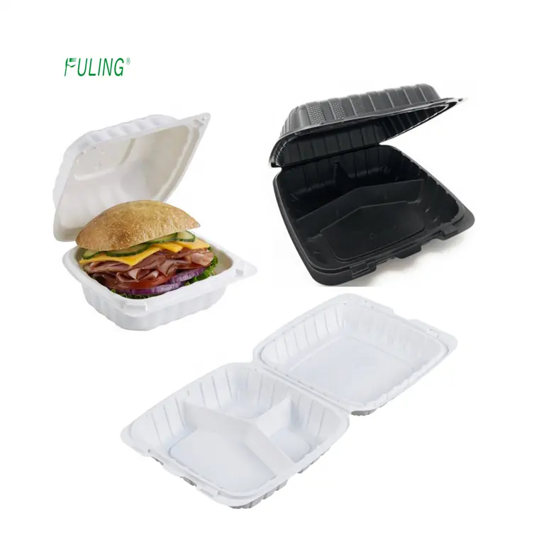 Heavy Duty Nhựa Vừa Carryout Bánh Hamburger Bản Lề Nắp 3 Cmpt Container Clamshell Đưa Ra Container