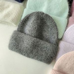 Wholesale Solid Color Angora Rabbit Fur Winter Cap Custom Logo Women <b>Men</b> Fisherman Classic Cuffed Ski Style Knitted Beanies <b>Hat</b> - Product Image 6