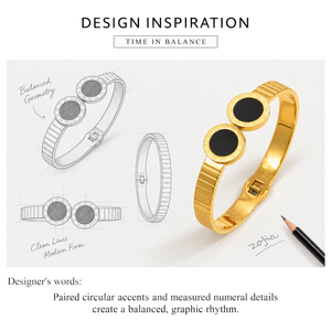 Bracelet jonc à double médaillon, en acier inoxydable avec placage sous vide en or 14 carats, bords à chiffres romains et centres noirs - Product Image 3