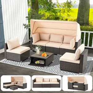 6 Pieces Patio Furniture Sets Rattan Daybed With Retractable Canopy