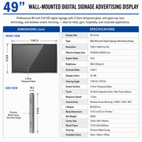 Pantalla Táctil Digital de Señalización de 49 Pulgadas, Montada en Pared, con Pantalla LCD IPS, Resolución 1080P Full HD y Cristal Templado