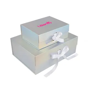 OEM özel lazer ışını katlanmış saklama kutusu Premium düz karton ısmarlama hediye paketleme yay-düğüm kapatma katlanır karton kutu