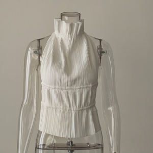 Dropshipping Custom Urban Wear Summer White <strong>Tops</strong> Women Business Casual Ruffle Halter <strong>Plisse</strong> Sleeveless Pleated Tank <strong>Tops</strong> - Product Image 6