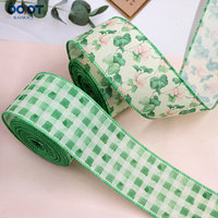 Ruban en tissu à bordure filée, motif floral pastèque estival, carreaux vichy verts, fleur de géranium rose, aquarelle, imprimé pastèque