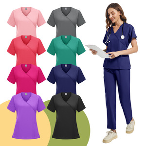 Women <b>Scrub</b> Set V-Neck Short Sleeve Moisture Wicking Knitted Uniform Hospital Workwear Split Set For Medical Beauty Salon - Product Image 1
