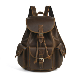 Crazy Horse Leather Retro <b>Backpack</b> Dark Brown <b>20L</b> Multi Function Leisure Travel Unisex Shoulder Strap Solid Color - Product Image 5
