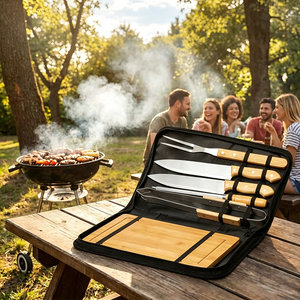 Accessoires <span class=keywords><strong>de</strong></span> <span class=keywords><strong>barbecue</strong></span> <span class=keywords><strong>de</strong></span> camping en plein air <span class=keywords><strong>de</strong></span> qualité supérieure, <span class=keywords><strong>ustensiles</strong></span> <span class=keywords><strong>de</strong></span> cuisine, ensemble <span class=keywords><strong>de</strong></span> 6 outils <span class=keywords><strong>de</strong></span> <span class=keywords><strong>barbecue</strong></span> en acier inoxydable avec planche à découper en bois - Product Image 1