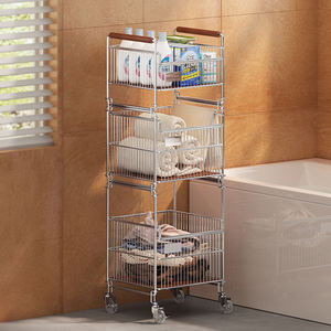 바퀴 중간 3 계층 욕실 더러운 옷 랙 나무 수건 보관 카트 금속 바닥 트롤리 세탁 가방 바구니 정리 - Product Image 4